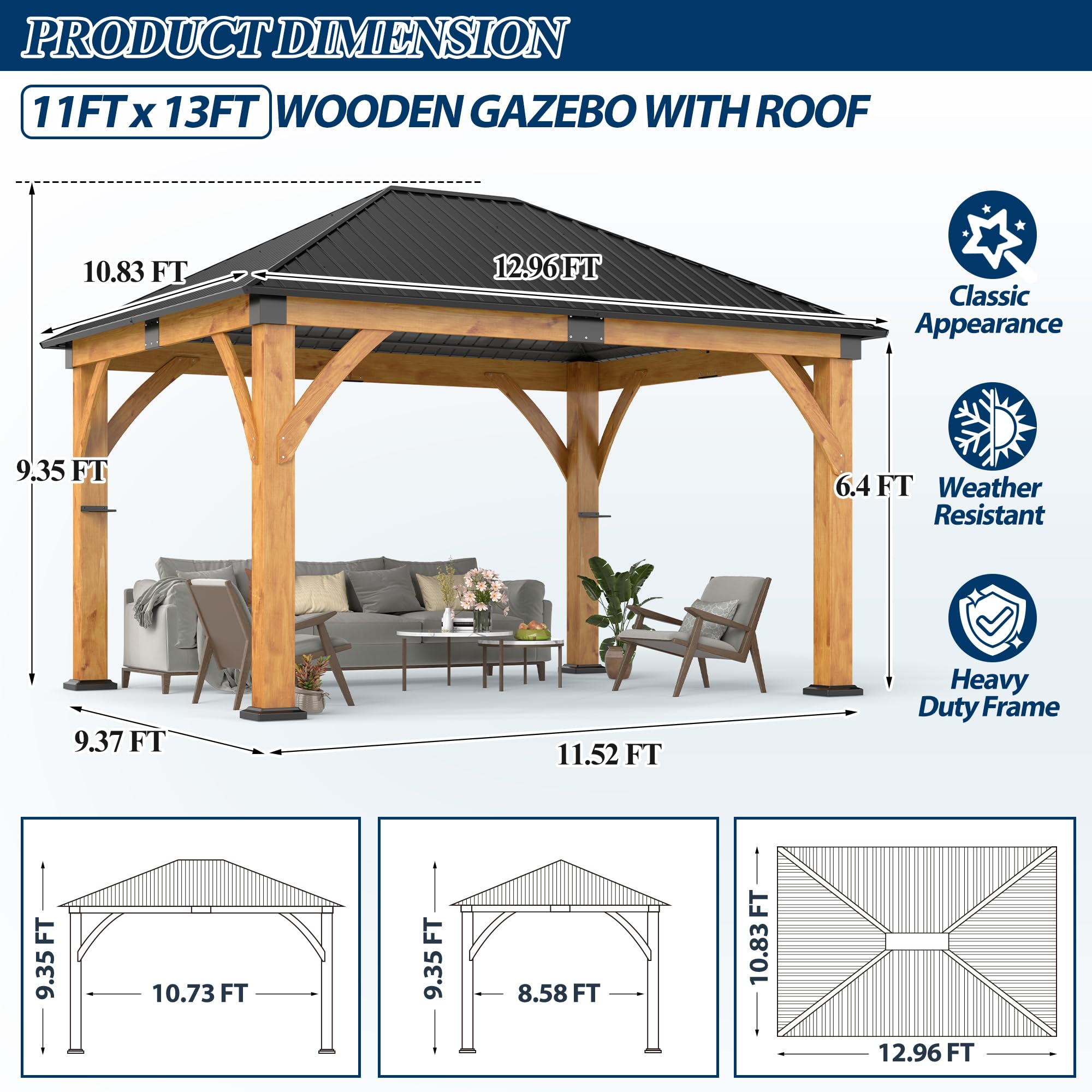 COVERONICS 11FT x 13FT Outdoor Spruce Wooden Gazebo - Patio Wood Frame Gazebo with Galvanized Steel Hardtop, Heavy-Duty Hardtop Gazebos for Garden, Poolside, Deck, Backyard