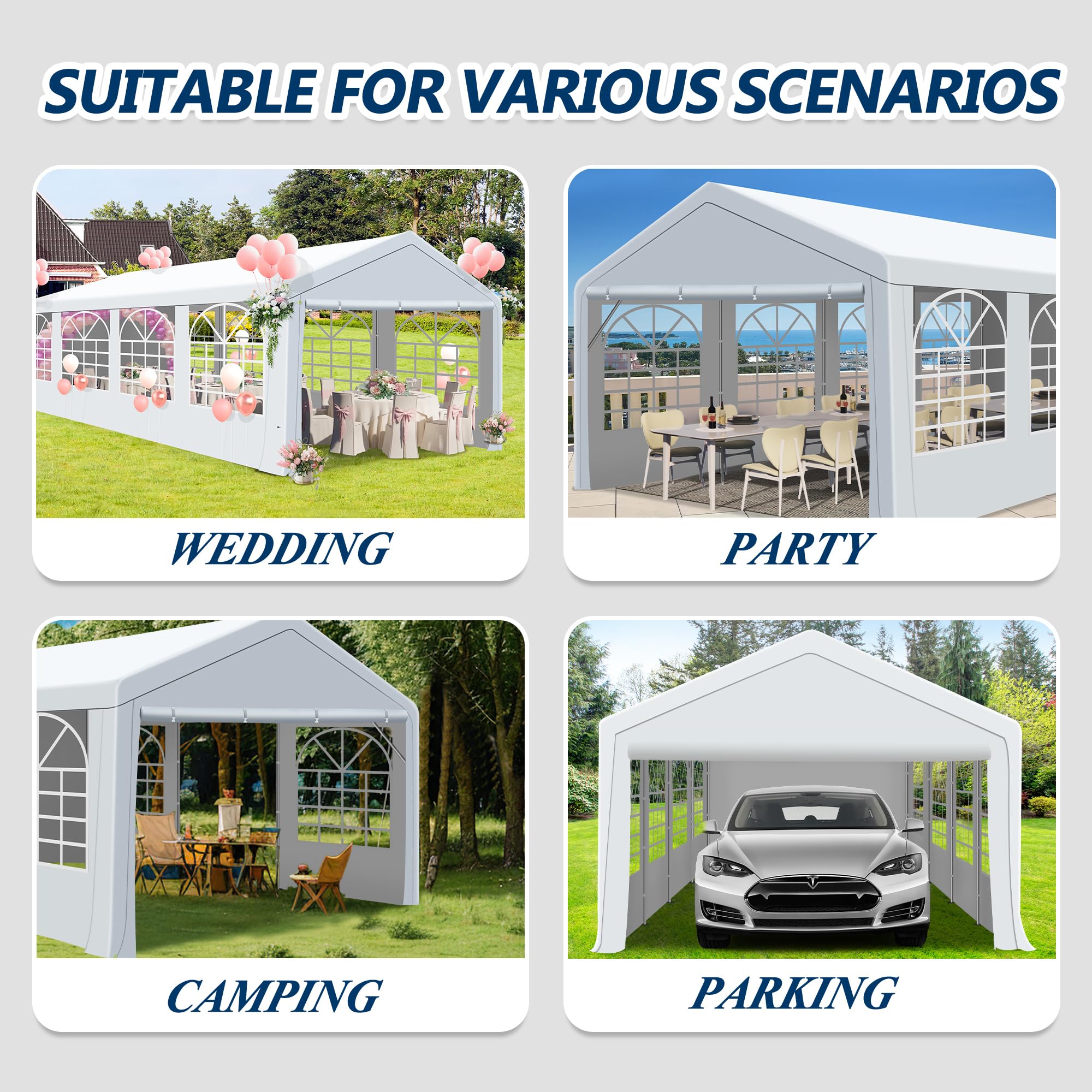 COVERONICS Outdoor Canopy Party Tent, 10'X30' Patio Party Tent with Rollable Sides and 4 Sandbags, Heavy Duty Steel Frame Carport Gazebo Event Tent Perfect for Wedding, Birthday Party, Outdoor Event