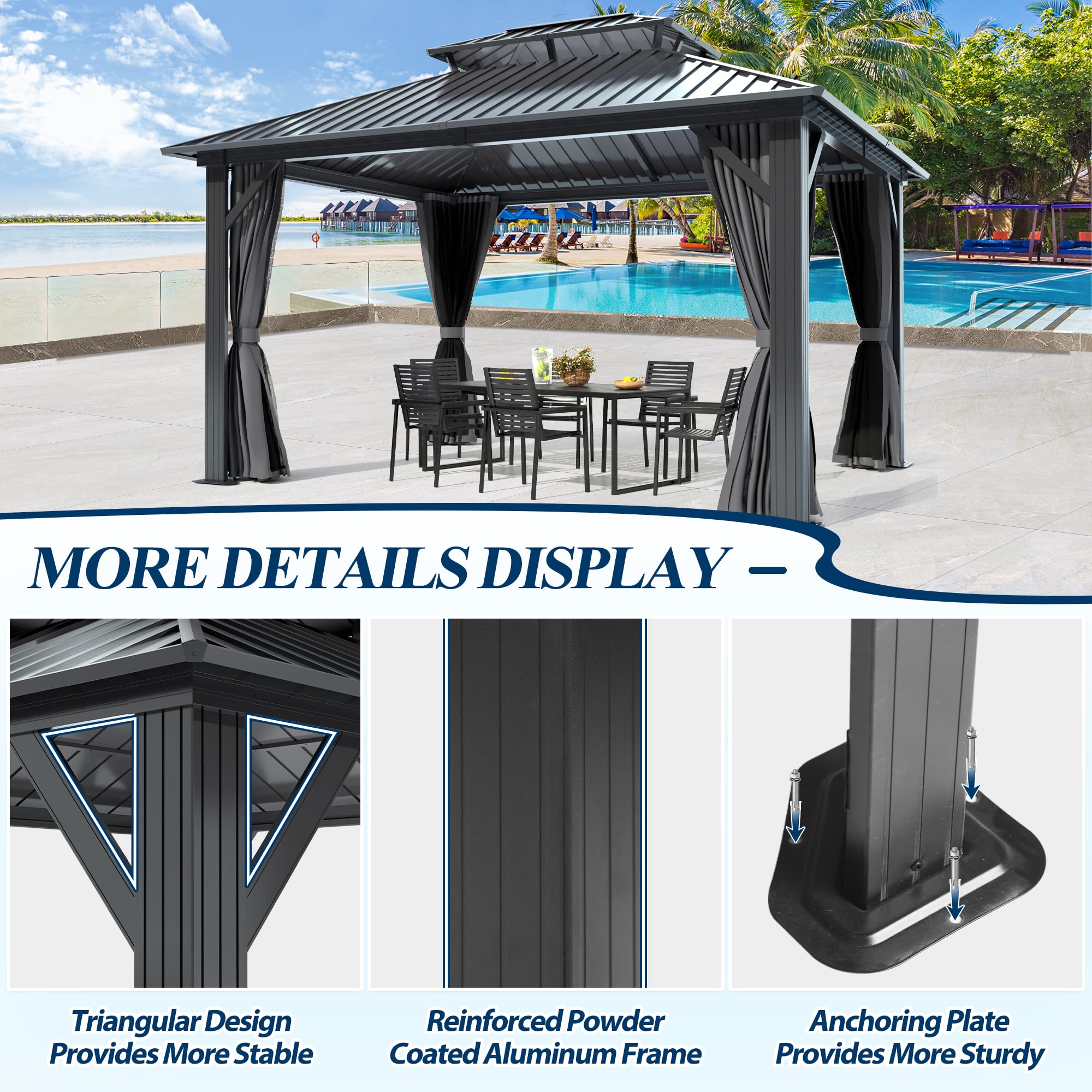12×14 ft Aluminum Hardtop Gazebo with Galvanized Steel Double Roof & Curtains