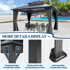 COVERONICS 12' x 14' Outdoor Galvanized Hardtop Gazebo - Aluminum Heavy-Duty Double Roof Vented Gazebo with Breathable Netting & Privacy Curtains for Patio, Porch, Garden, Lawn