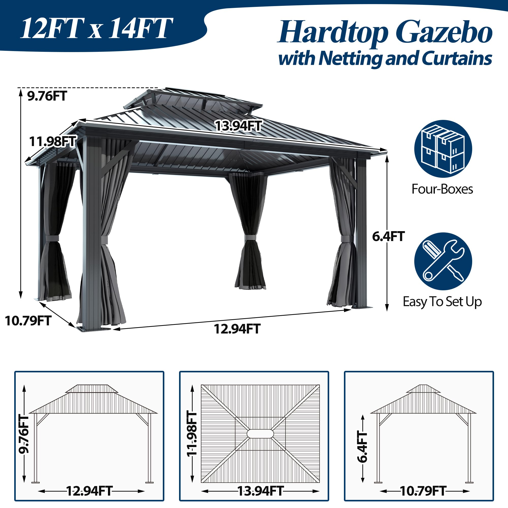 COVERONICS 12' x 14' Outdoor Galvanized Hardtop Gazebo - Aluminum Heavy-Duty Double Roof Vented Gazebo with Breathable Netting & Privacy Curtains for Patio, Porch, Garden, Lawn