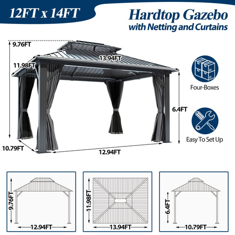 COVERONICS 12' x 14' Outdoor Galvanized Hardtop Gazebo - Aluminum Heavy-Duty Double Roof Vented Gazebo with Breathable Netting & Privacy Curtains for Patio, Porch, Garden, Lawn