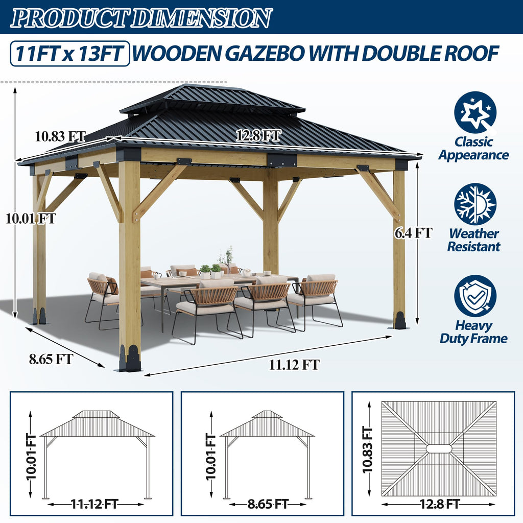 COVERONICS 11FT x 13FT Outdoor Cedar Wooden Gazebo - Patio Wood Frame Gazebo with Galvanized Steel Hardtop, Heavy-Duty Hardtop Gazebo for Garden, Poolside, Deck, Backyard