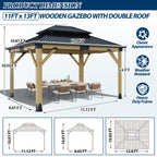 COVERONICS 11FT x 13FT Outdoor Cedar Wooden Gazebo - Patio Wood Frame Gazebo with Galvanized Steel Hardtop, Heavy-Duty Hardtop Gazebo for Garden, Poolside, Deck, Backyard