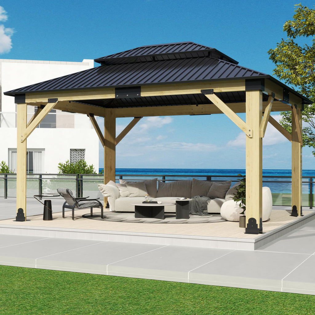 COVERONICS 13FT x 15FT Outdoor Cedar Wooden Gazebo - Patio Wood Frame Gazebo with Galvanized Steel Hardtop, Heavy-Duty Hardtop Gazebo for Garden, Poolside, Deck, Backyard