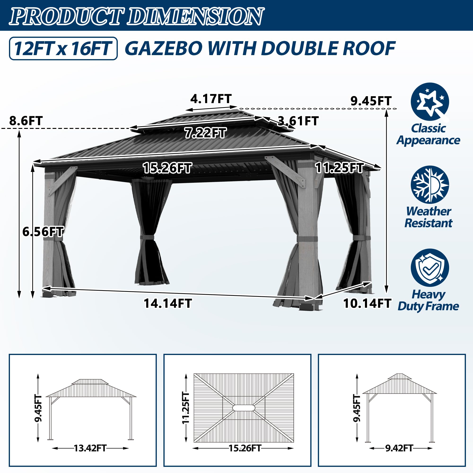 COVERONICS 12FT x 16FT Outdoor Hardtop Gazebo - Patio Cedar Wood Post Gazebo with Galvanized Steel Hardtop, Heavy-Duty Double Roof Pavilion with Netting & Curtains for Garden, Poolside, Deck, Backyard