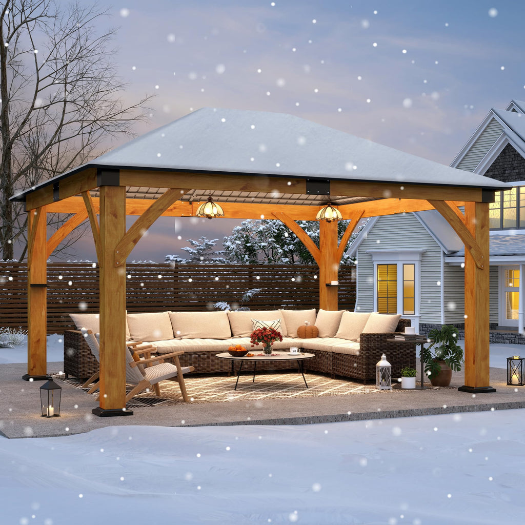 COVERONICS 11FT x 13FT Outdoor Spruce Wooden Gazebo - Patio Wood Frame Gazebo with Galvanized Steel Hardtop, Heavy-Duty Hardtop Gazebos for Garden, Poolside, Deck, Backyard