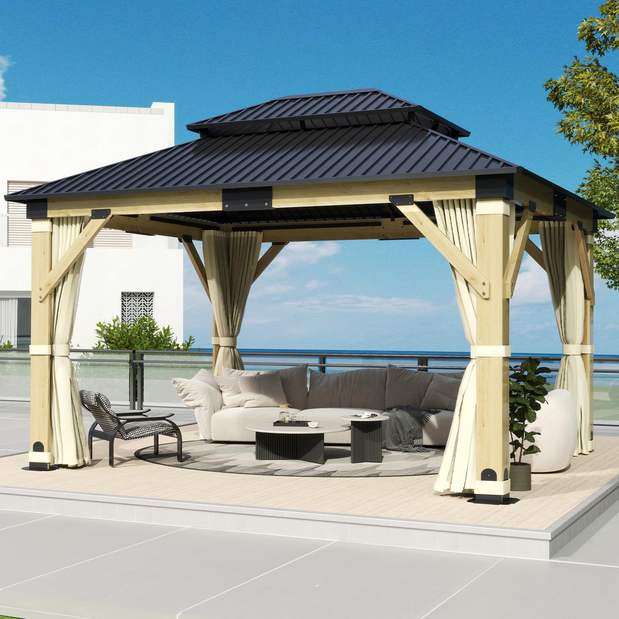 COVERONICS 11FT x 13FT Outdoor Cedar Wooden Gazebo - Patio Wood Frame Gazebo with Galvanized Steel Hardtop, Heavy-Duty Hardtop Gazebo with Netting & Curtains for Garden, Poolside, Deck, Backyard