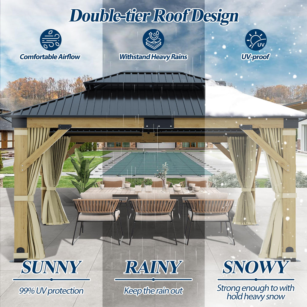 COVERONICS 13FT x 15FT Outdoor Cedar Wooden Gazebo - Patio Wood Frame Gazebo with Galvanized Steel Hardtop, Heavy-Duty Hardtop Gazebo with Netting & Curtains for Garden, Poolside, Deck, Backyard