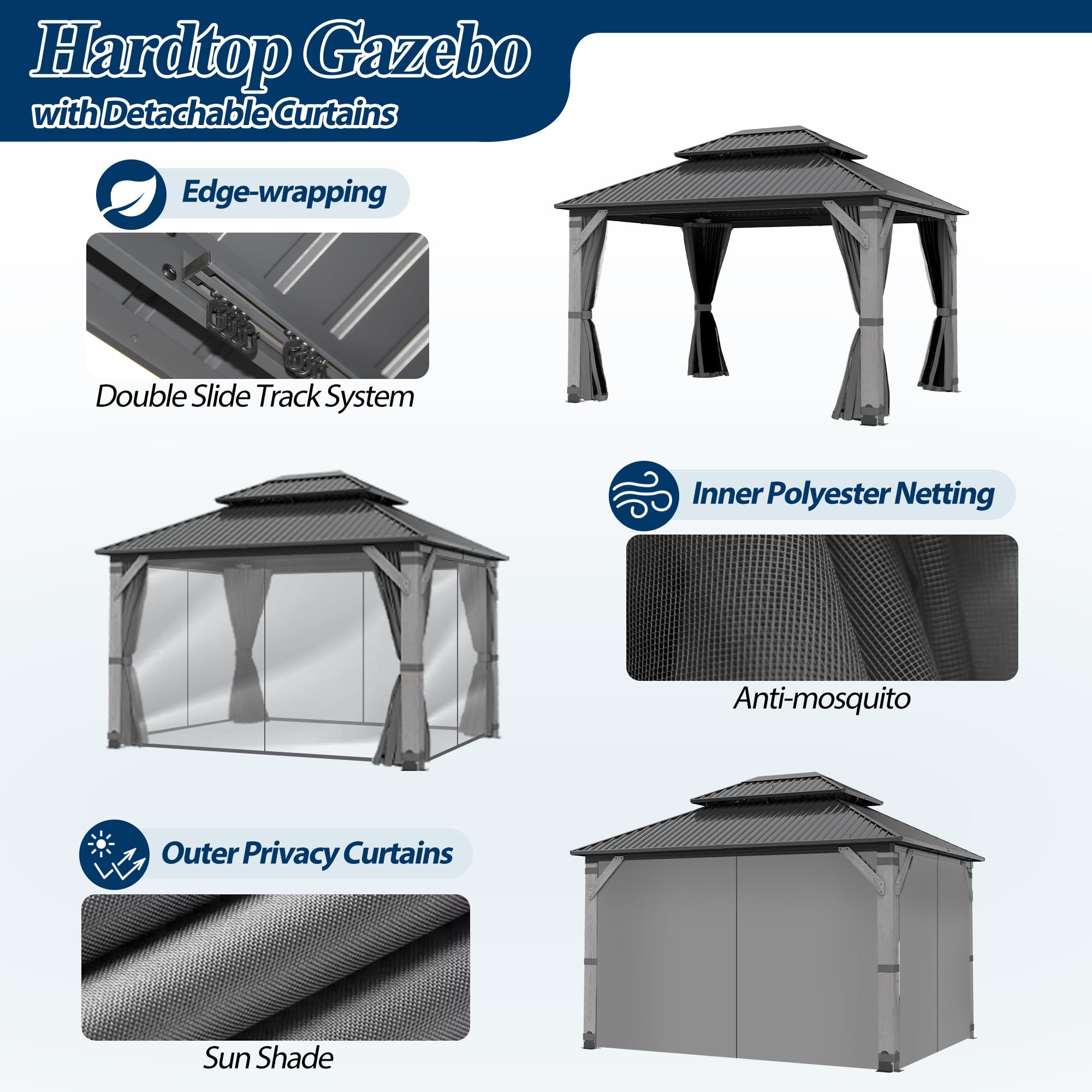 COVERONICS 10FT x 12FT Outdoor Hardtop Gazebo - Patio Cedar Wood Post Gazebo with Galvanized Steel Hardtop, Heavy-Duty Double Roof Pavilion with Netting & Curtains for Garden, Poolside, Deck, Backyard