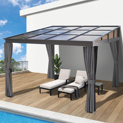 COVERONICS 10' X 10' Outdoor Polycarbonate Hardtop Gazebo - Wall-Mounted Aluminum Frame Gazebo with Slope Roof, Patio Heavy-Duty Lean to Gazebo Pergola with Netting & Curtains for Garden, Backyard