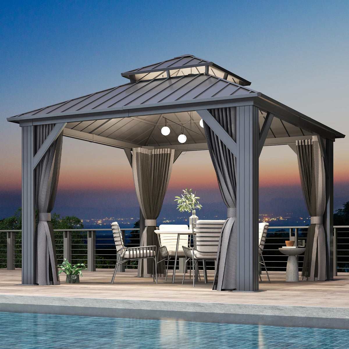 COVERONICS 10' x 10' Outdoor Galvanized Hardtop Gazebo - Aluminum Heavy-Duty Double Roof Vented Gazebo with Breathable Netting & Privacy Curtains for Patio, Porch, Garden, Lawn