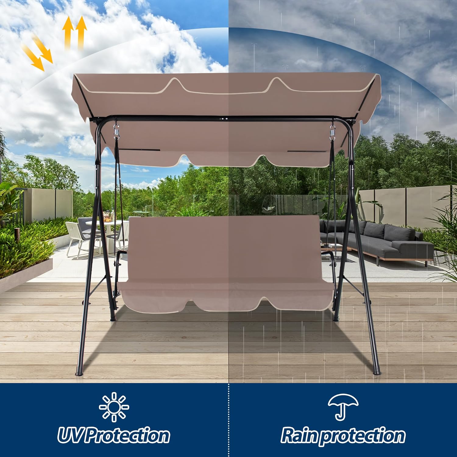 3-Seat Outdoor Porch Swing, Patio Swing Chair with Adjustable Canopy & Durable Metal Frame, Garden Swings Chair with Removable Cushions for Backyard, Terrace, Lawn
