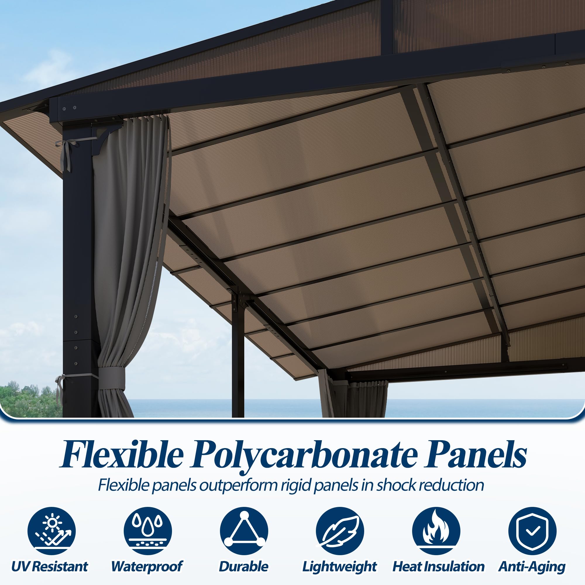 12×14 ft Wall-Mounted Polycarbonate Lean-to Gazebo with Sloped Hardtop, Aluminum Frame, Netting & Curtains