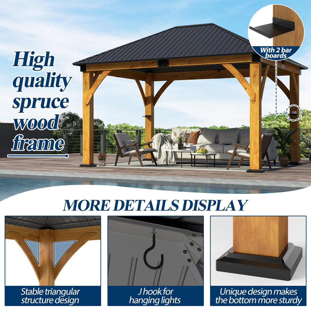 COVERONICS 11FT x 13FT Outdoor Spruce Wooden Gazebo - Patio Wood Frame Gazebo with Galvanized Steel Hardtop, Heavy-Duty Hardtop Gazebos for Garden, Poolside, Deck, Backyard
