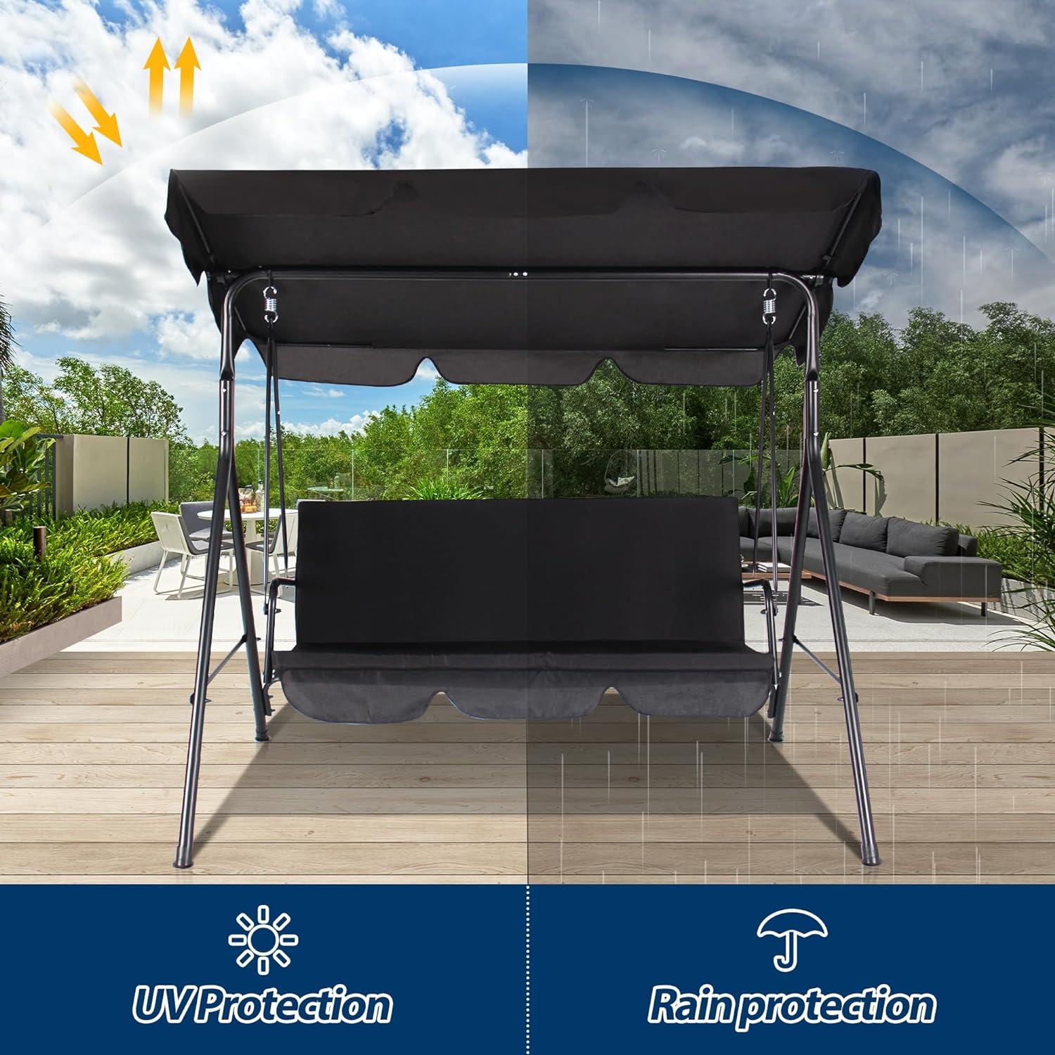 3-Seat Outdoor Porch Swing, Patio Swing Chair with Adjustable Canopy & Durable Metal Frame, Garden Swings Chair with Removable Cushions for Backyard, Terrace, Lawn