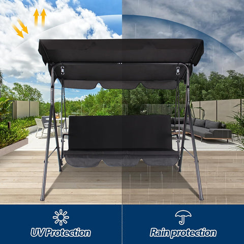 3-Seat Outdoor Porch Swing, Patio Swing Chair with Adjustable Canopy & Durable Metal Frame, Garden Swings Chair with Removable Cushions for Backyard, Terrace, Lawn