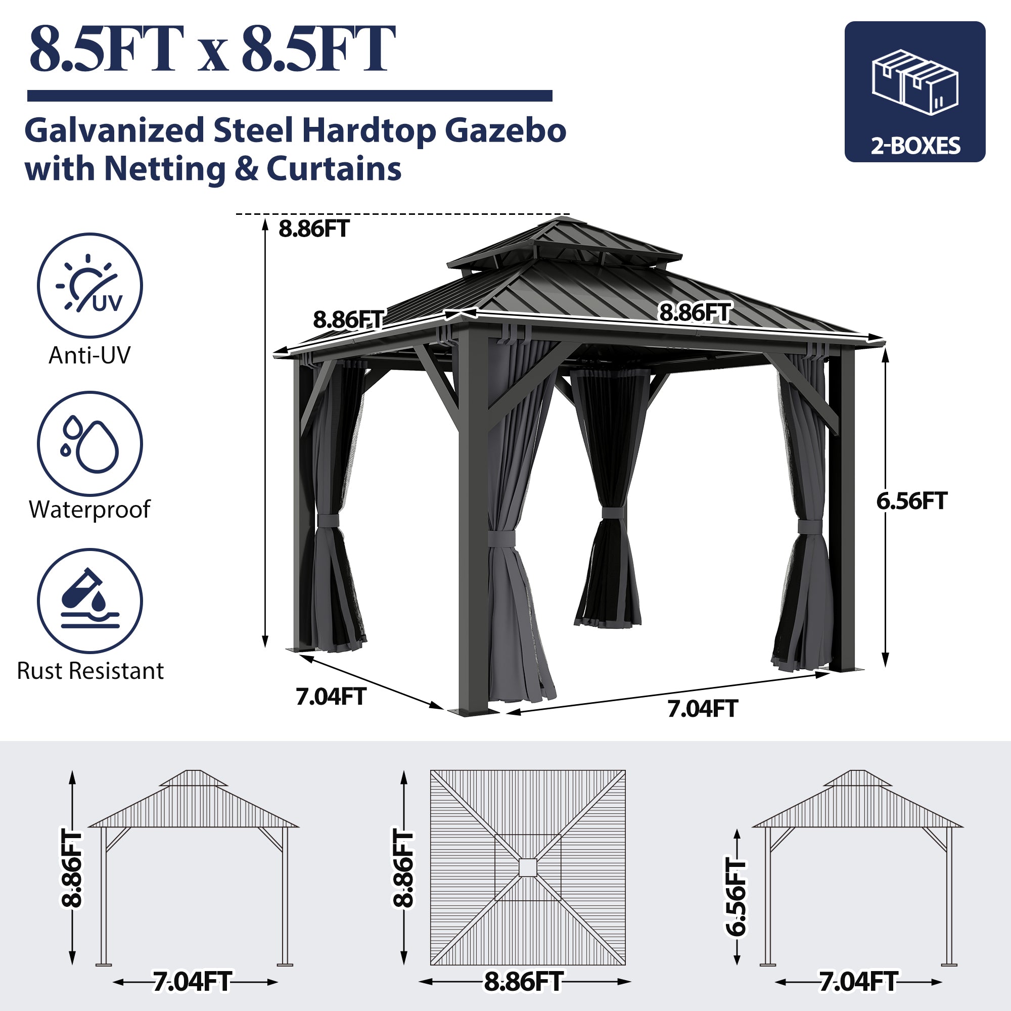 8.5×8.5 ft All-Steel Hardtop Gazebo