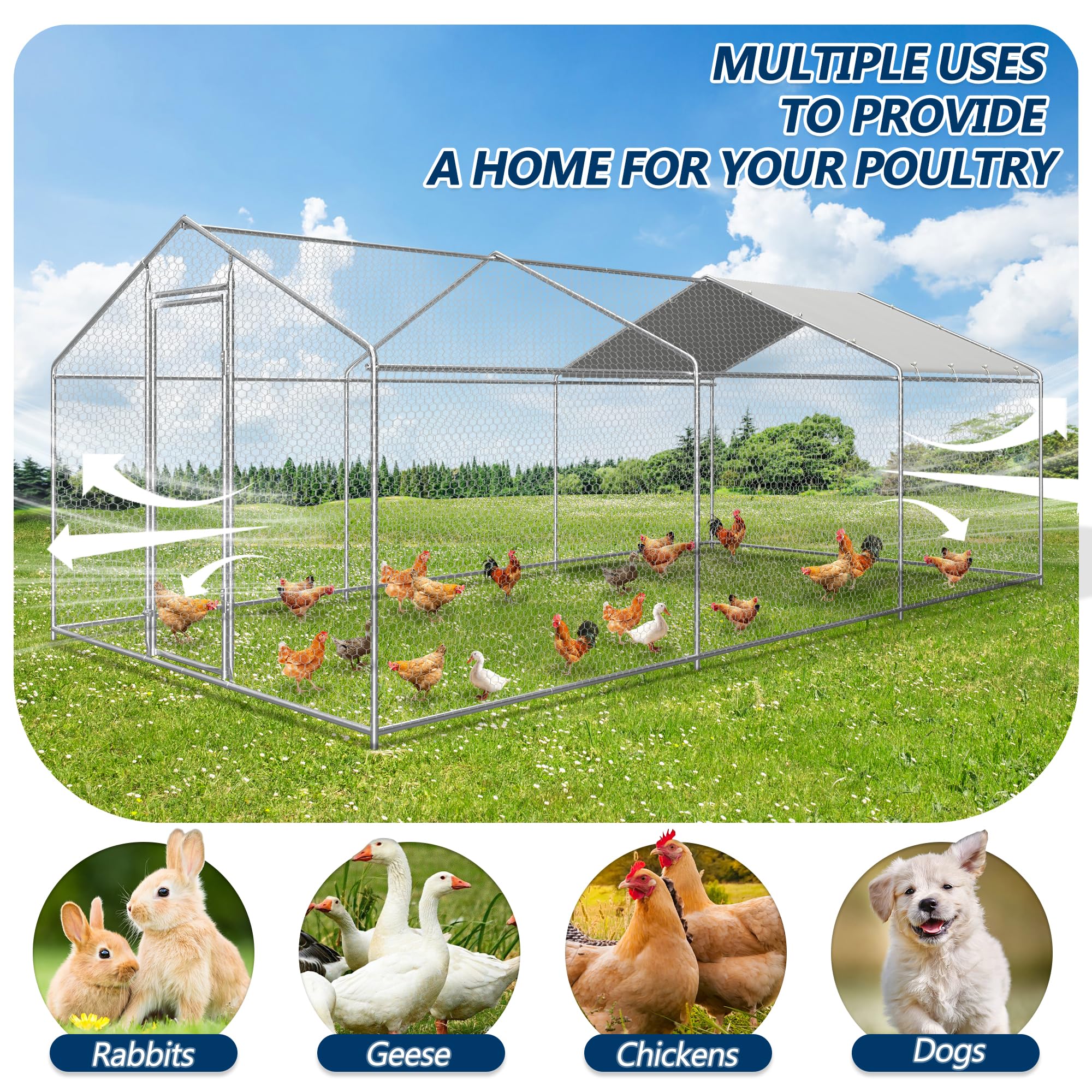 COVERONICS Metal Chicken Coop Run - Outdoor Large Chicken Coop with Waterproof Cover and Security Lock, Walk-in Poultry Pen for Outdoor Yard Farm 9x19x6.4FT (3-Unit Spire Roof Coop)