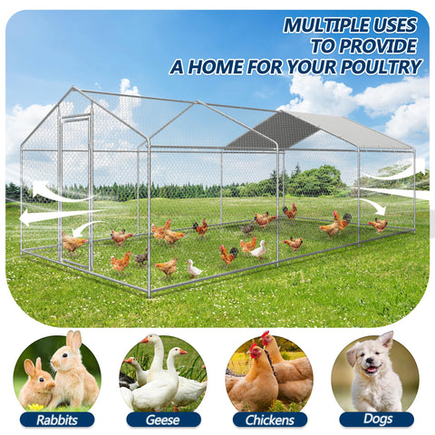 COVERONICS Metal Chicken Coop Run - Outdoor Large Chicken Coop with Waterproof Cover and Security Lock, Walk-in Poultry Pen for Outdoor Yard Farm 9x19x6.4FT (3-Unit Spire Roof Coop)