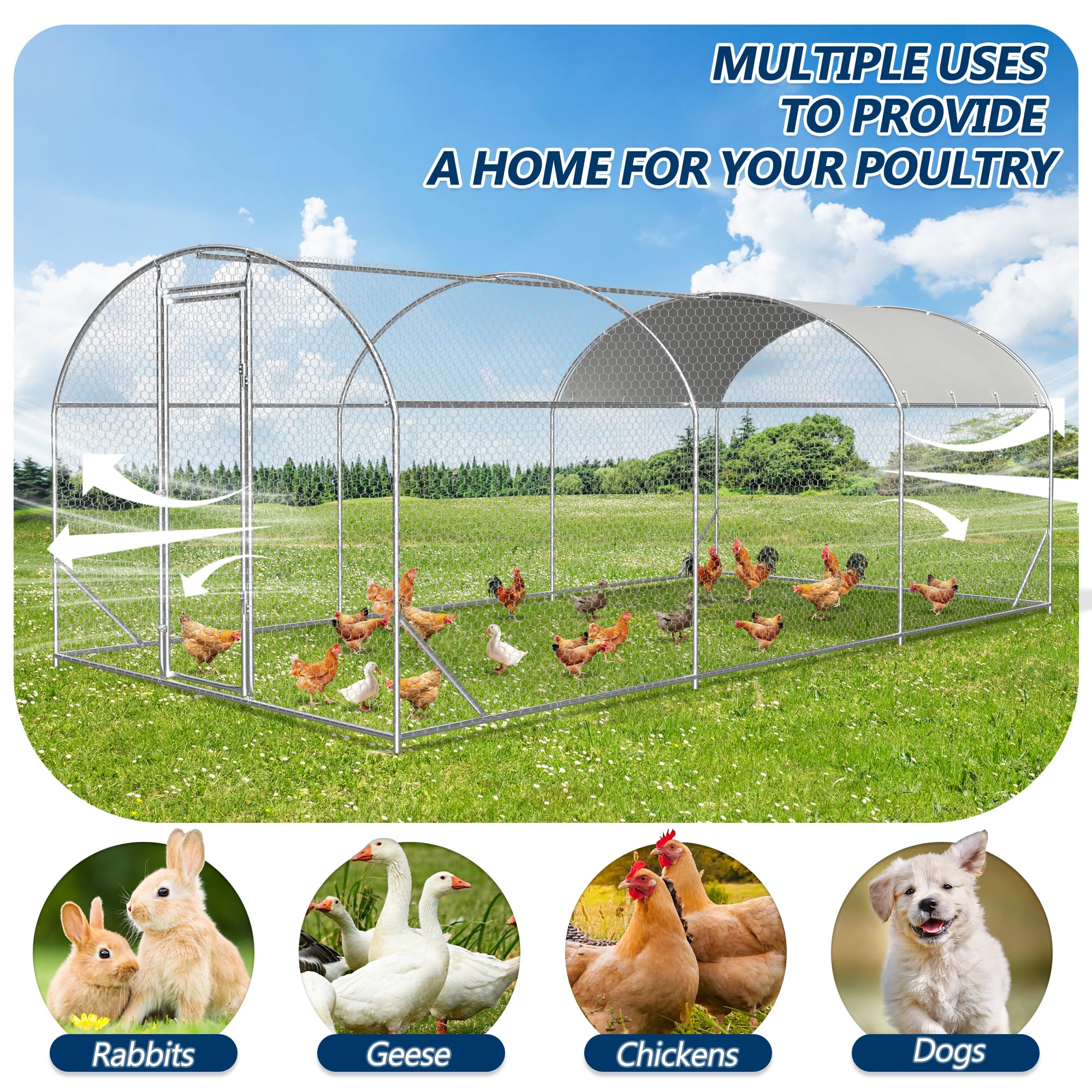 COVERONICS Metal Chicken Coop Run - Outdoor Large Chicken Coop with Waterproof Cover and Security Lock, Walk-in Poultry Pen for Outdoor Yard Farm 9x19x6.5FT (3-Unit Dome Roof Coop)