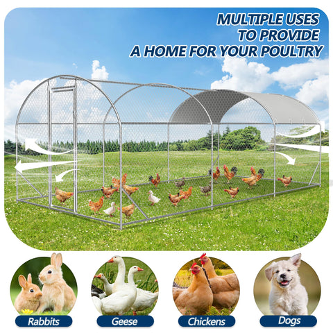 COVERONICS Metal Chicken Coop Run - Outdoor Large Chicken Coop with Waterproof Cover and Security Lock, Walk-in Poultry Pen for Outdoor Yard Farm 9x19x6.5FT (3-Unit Dome Roof Coop)
