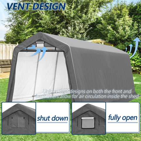 COVERONICS 8' x 14' Outdoor Storage Shed - Heavy Duty Portable Shelter Carport with Ventilation Windows and Roll-up Doors, Storage Shelter Tent for Motorcycle, Bike, Lawnmower and Garden Tools, Grey