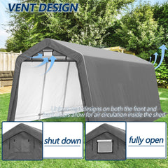 COVERONICS 8' x 14' Outdoor Storage Shed - Heavy Duty Portable Shelter Carport with Ventilation Windows and Roll-up Doors, Storage Shelter Tent for Motorcycle, Bike, Lawnmower and Garden Tools, Grey