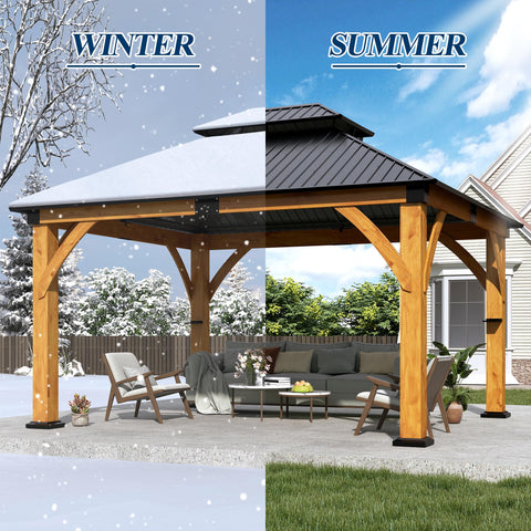 COVERONICS 11FT x 13FT Outdoor Spruce Wooden Gazebo - Patio Wood Frame Gazebo with Galvanized Steel Double Roof, Heavy-Duty Hardtop Gazebos for Garden, Poolside, Deck, Backyard