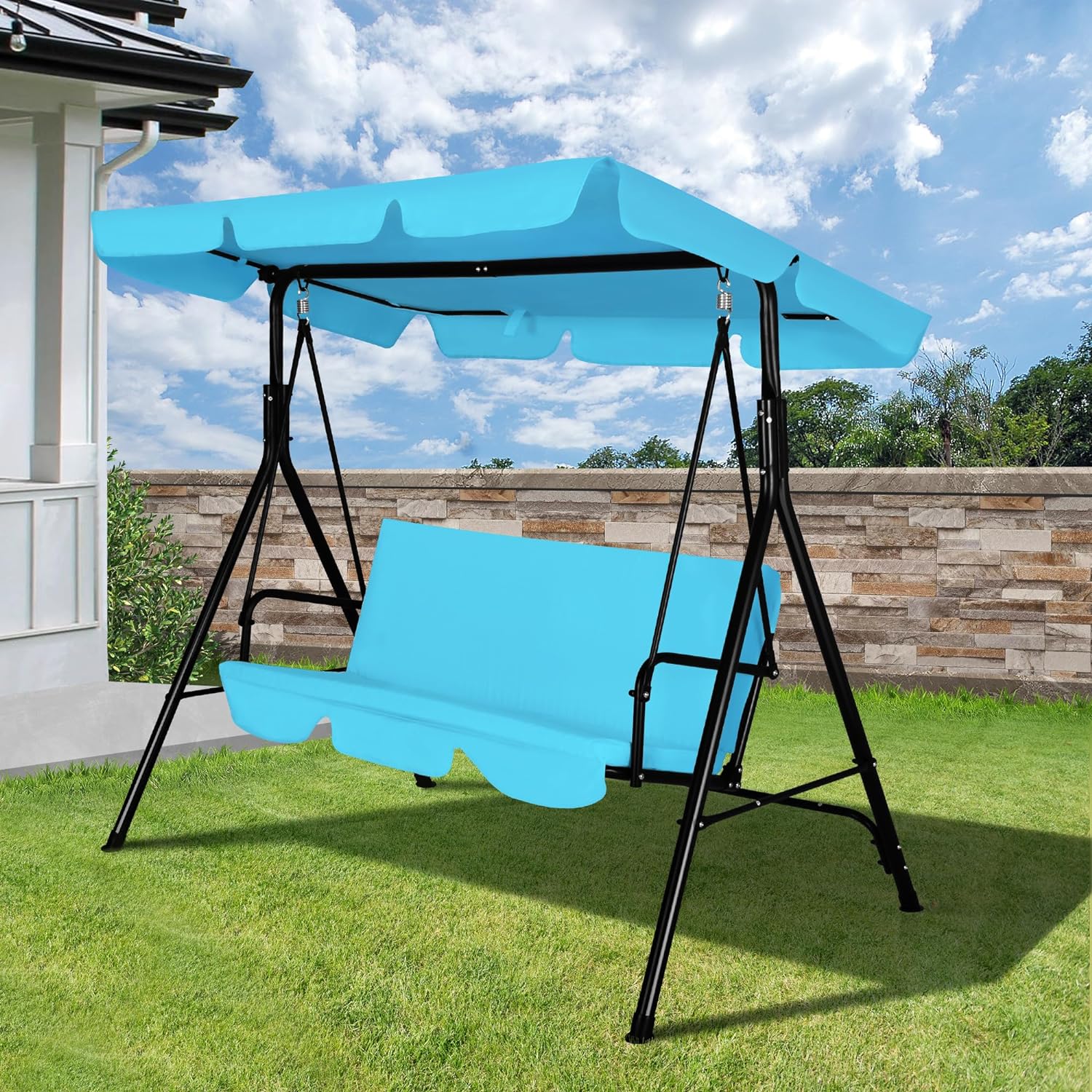 3-Seat Outdoor Porch Swing, Patio Swing Chair with Adjustable Canopy & Durable Metal Frame, Garden Swings Chair with Removable Cushions for Backyard, Terrace, Lawn