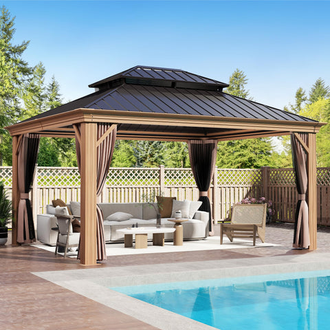 COVERONICS 10' x 12' Outdoor Drainage System Gazebo - Galvanized Steel Hardtop Gazebo with Powder-Coated Aluminum Frame, Heavy-Duty Gazebo with Netting & Curtains for Patio, Garden, Backyard
