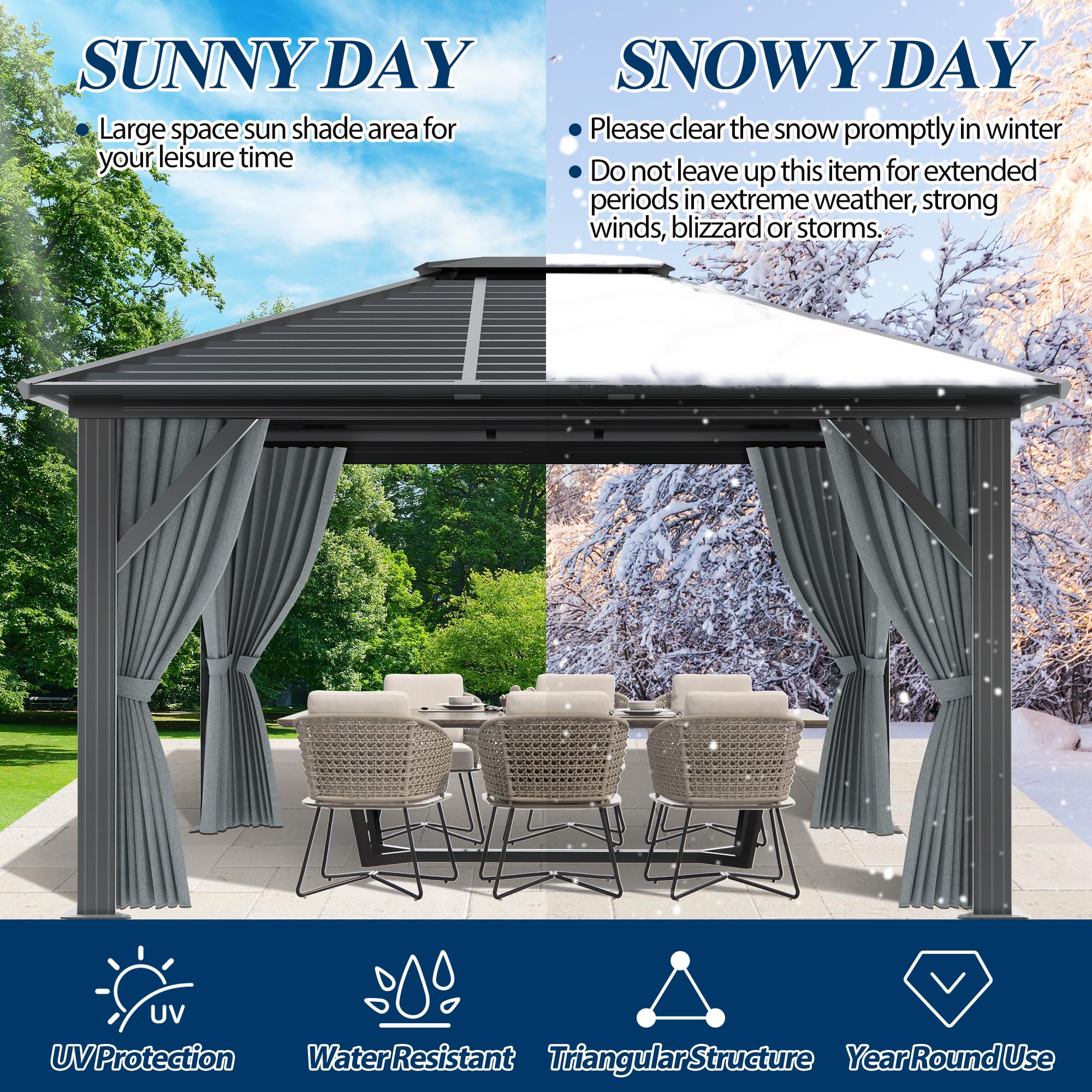 COVERONICS 10' x 12' Patio Hardtop Gazebo - Outdoor Heavy Duty with Aluminum Frame, Galvanized Steel Hardtop Single Roof with Breathable Netting and Curtains for Garden, Lawns, Party, Poolside