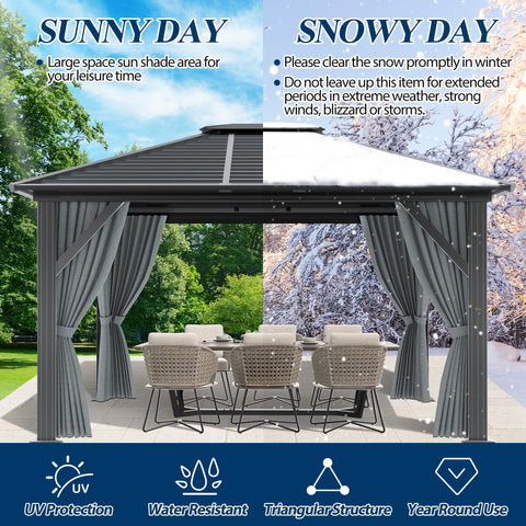COVERONICS 10' x 12' Patio Hardtop Gazebo - Outdoor Heavy Duty with Aluminum Frame, Galvanized Steel Hardtop Single Roof with Breathable Netting and Curtains for Garden, Lawns, Party, Poolside
