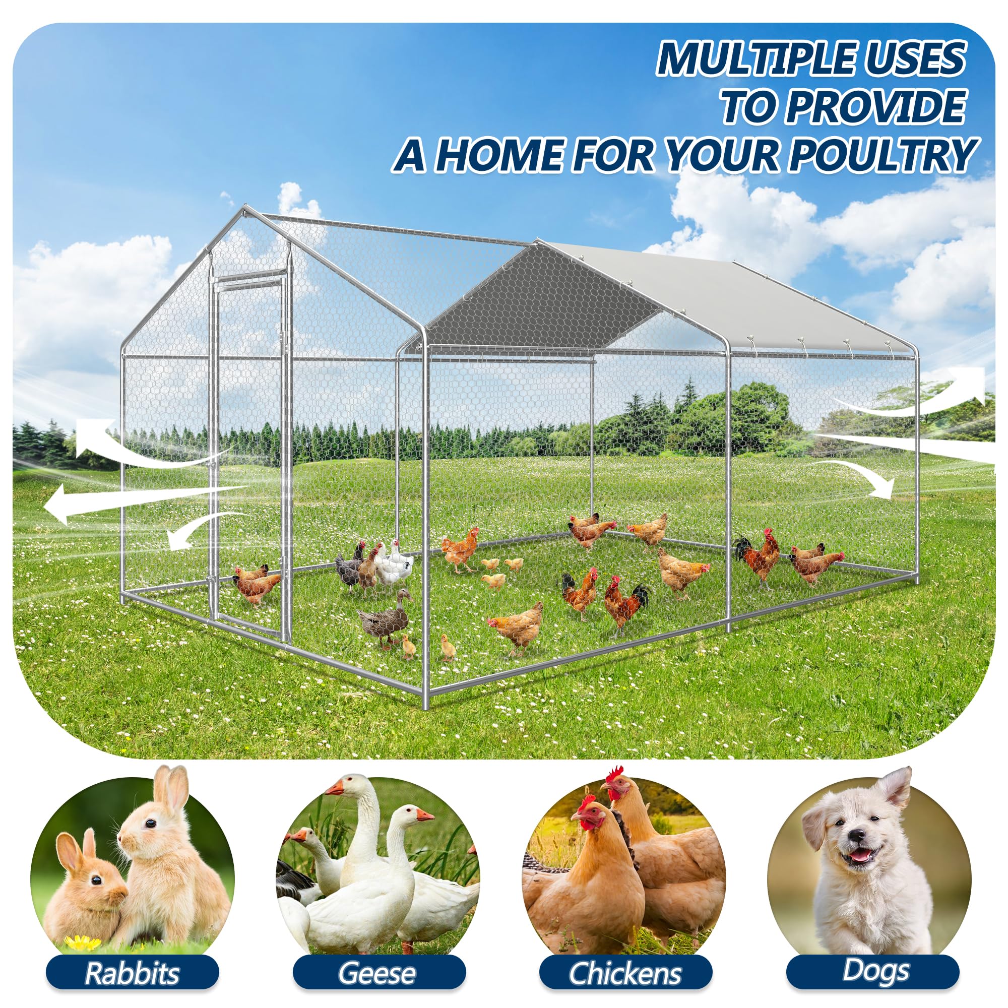 COVERONICS Metal Chicken Coop Run - Outdoor Large Chicken Coop with Waterproof Cover and Security Lock, Walk-in Poultry Pen for Outdoor Yard Farm 9.7x13x6.4FT (2-Unit Spire Roof Coop)