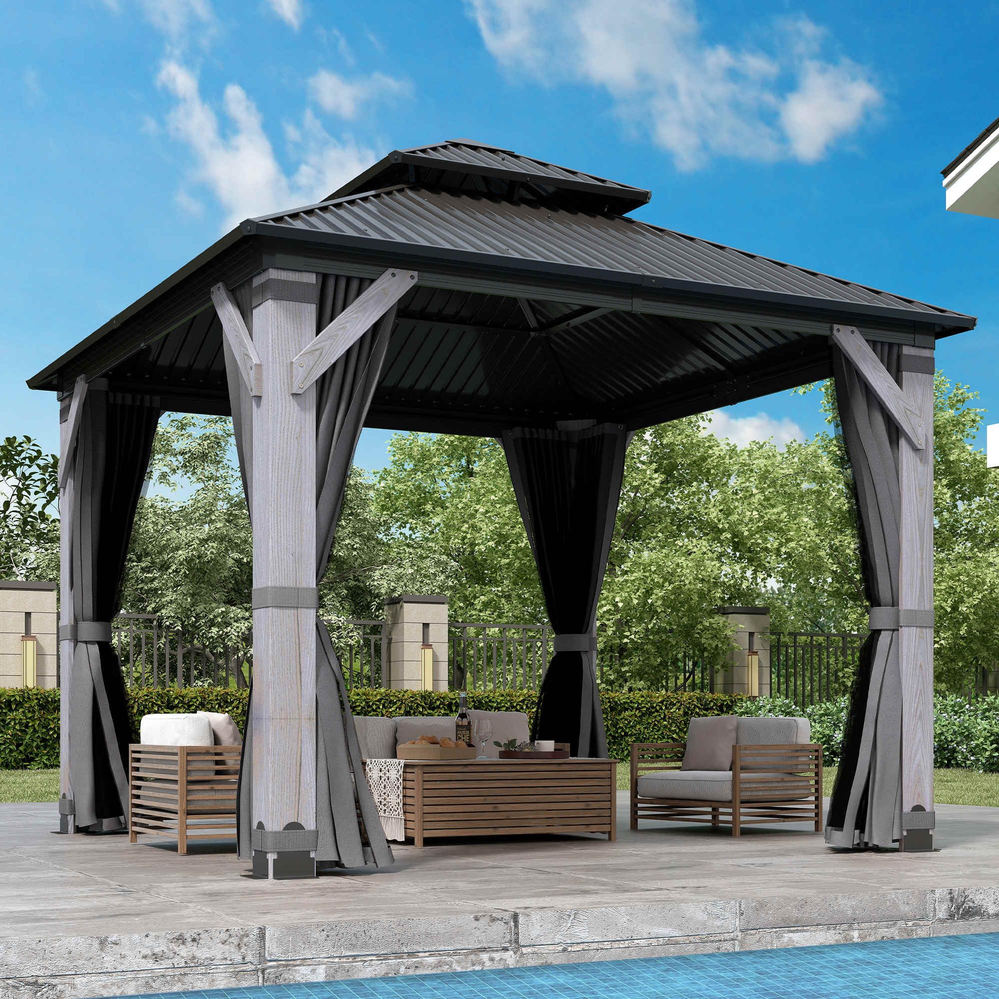 COVERONICS 10FT x 10FT Outdoor Hardtop Gazebo - Patio Cedar Wood Post Gazebo with Galvanized Steel Hardtop, Heavy-Duty Double Roof Pavilion with Netting & Curtains for Garden, Poolside, Deck, Backyard