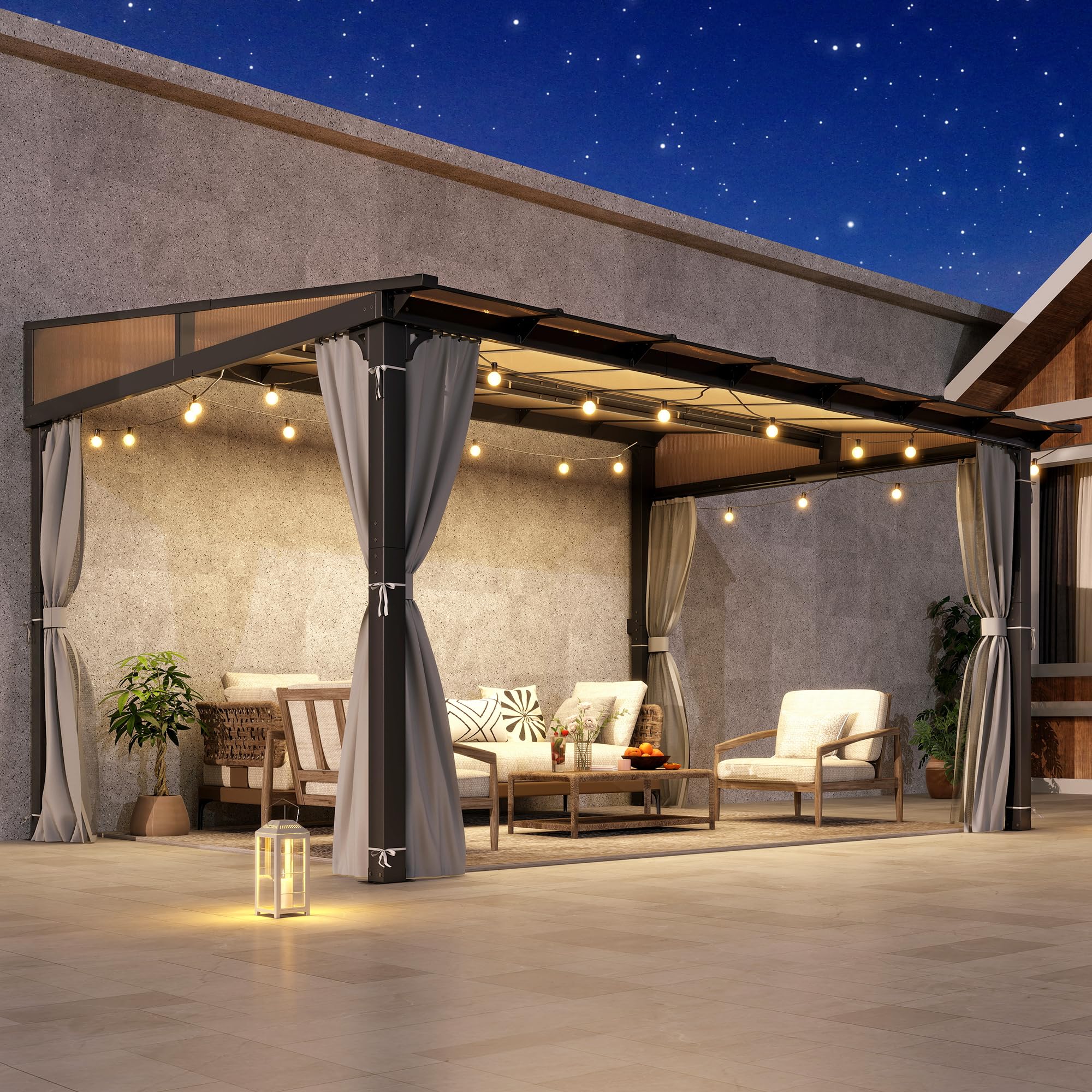 10×13 ft Wall-Mounted Polycarbonate Lean-to Gazebo with Sloped Hardtop, Aluminum Frame, Netting & Curtains