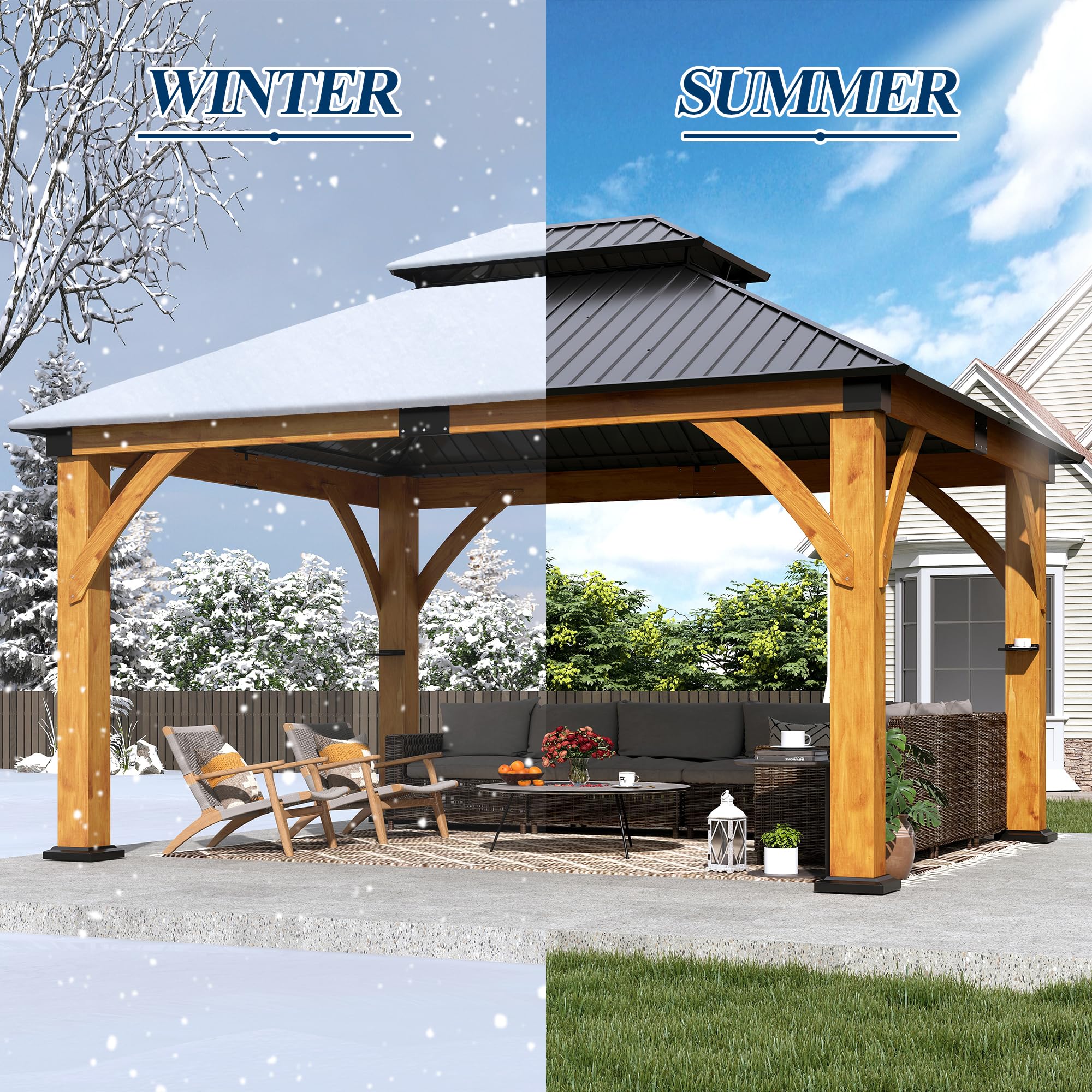 COVERONICS 13FT x 15FT Outdoor Spruce Wooden Gazebo - Patio Wood Frame Gazebo with Galvanized Steel Double Roof, Heavy-Duty Hardtop Gazebos for Garden, Poolside, Deck, Backyard