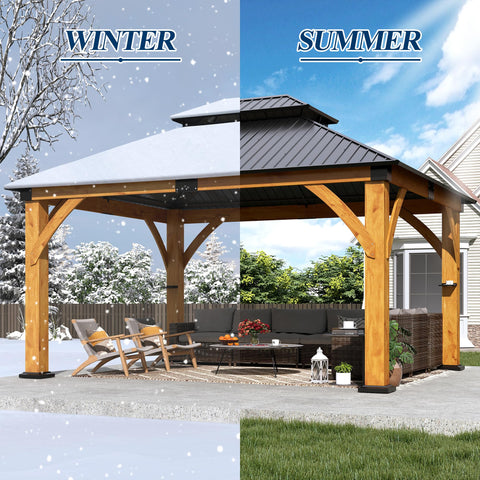 COVERONICS 13FT x 15FT Outdoor Spruce Wooden Gazebo - Patio Wood Frame Gazebo with Galvanized Steel Double Roof, Heavy-Duty Hardtop Gazebos for Garden, Poolside, Deck, Backyard