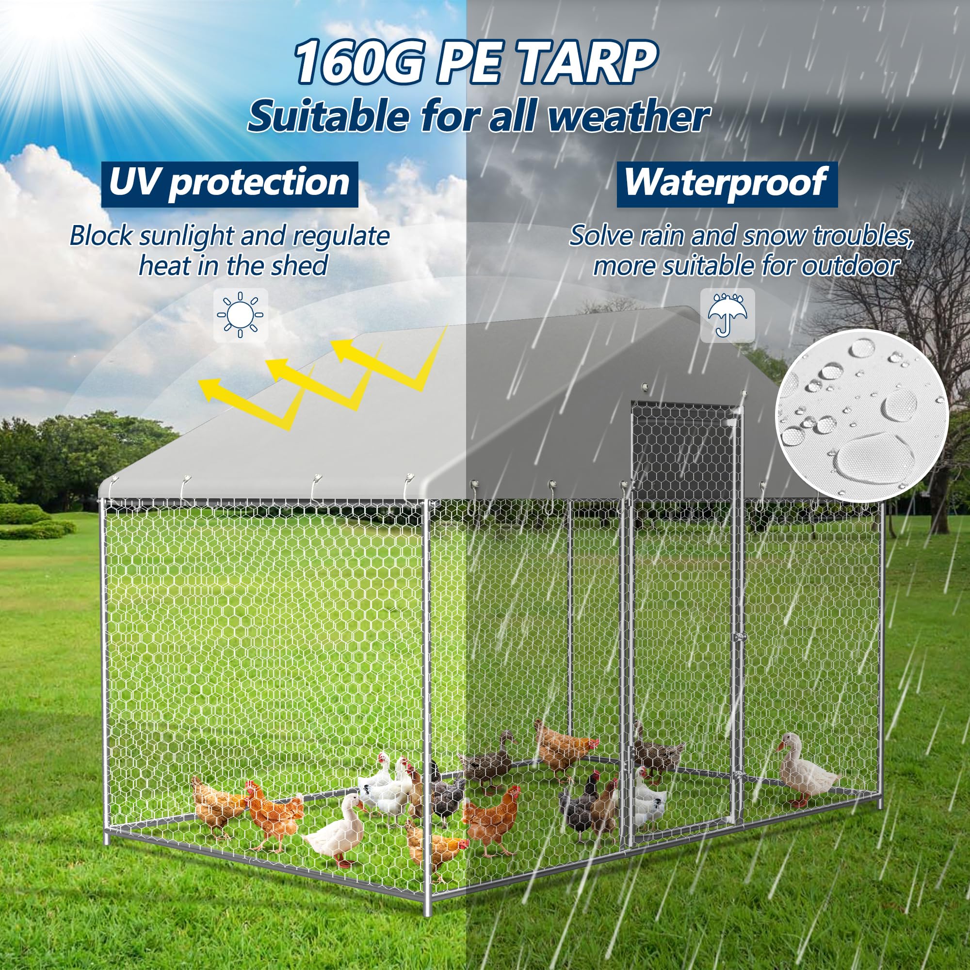 COVERONICS Metal Chicken Coop Run - Outdoor Large Chicken Coop with Waterproof Cover and Security Lock, Walk-in Poultry Pen for Outdoor Yard Farm 9.7 * 6.5 * 6.4FT (1-Unit Spire Roof Coop)
