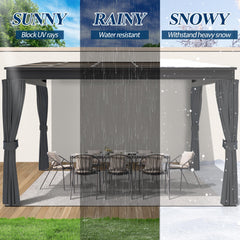 COVERONICS 10' X 13' Outdoor Wall-Mounted Hardtop Gazebo - Lean to Aluminum Frame Gazebo with Slope Roof, Heavy-Duty Polycarbonate Top Gazebo Pergola with Netting & Curtains for Rainy Day, Sunlight