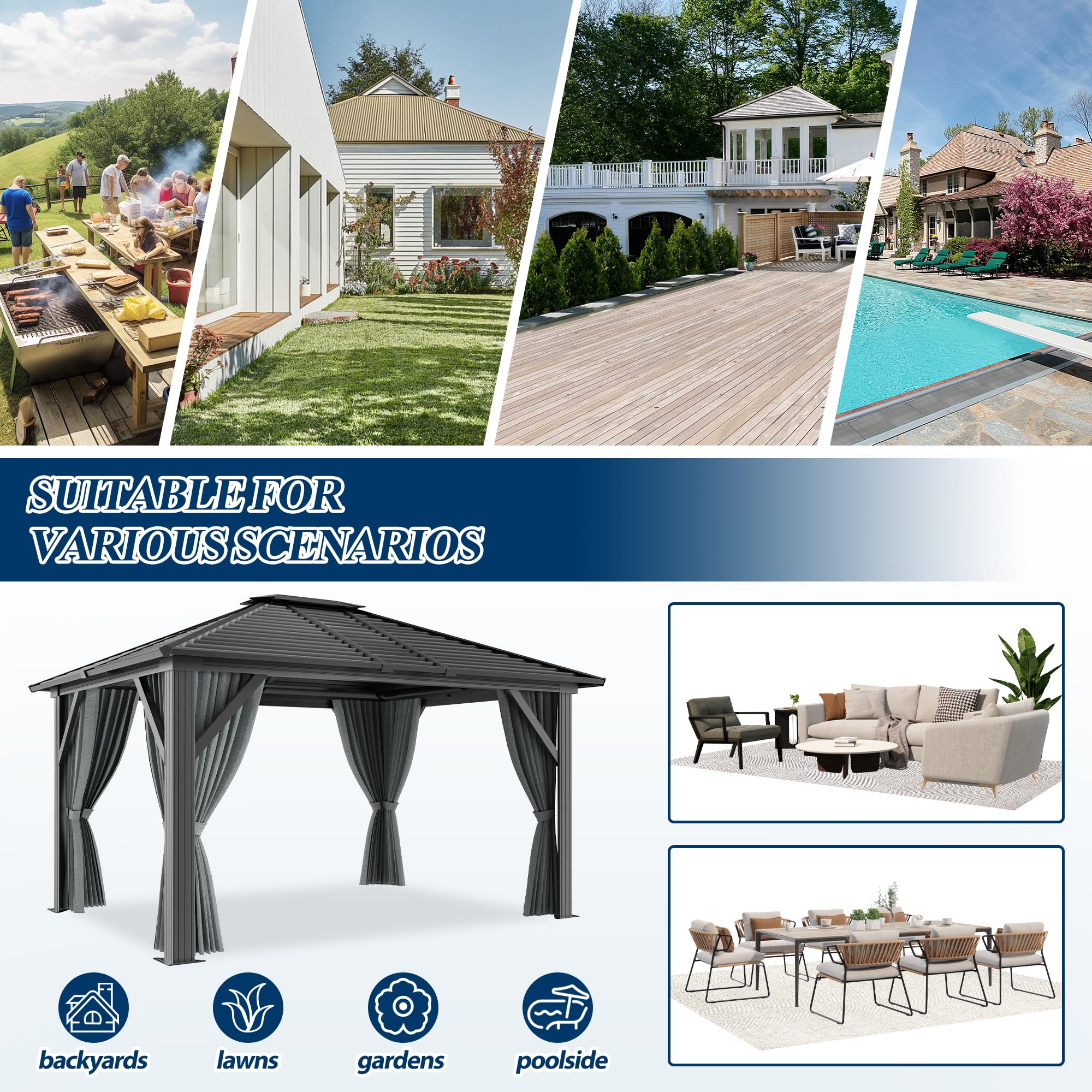 COVERONICS 10' x 12' Patio Hardtop Gazebo - Outdoor Heavy Duty with Aluminum Frame, Galvanized Steel Hardtop Single Roof with Breathable Netting and Curtains for Garden, Lawns, Party, Poolside