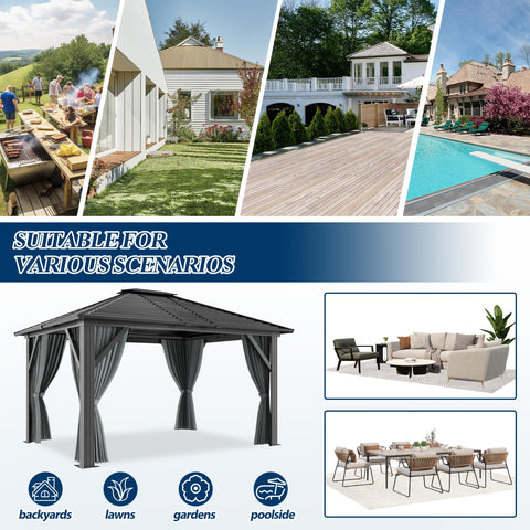 COVERONICS 10' x 12' Patio Hardtop Gazebo - Outdoor Heavy Duty with Aluminum Frame, Galvanized Steel Hardtop Single Roof with Breathable Netting and Curtains for Garden, Lawns, Party, Poolside