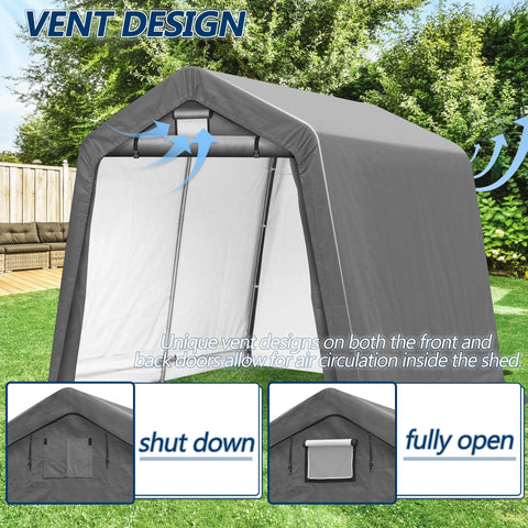 COVERONICS 8' x 8' Outdoor Storage Shed - Heavy Duty Portable Shelter Carport with Ventilation Windows and Roll-up Doors, Storage Shelter Tent for Motorcycle, Bike, Lawnmower and Garden Tools, Grey