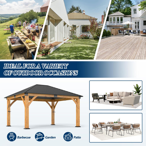COVERONICS 13FT x 15FT Outdoor Spruce Wooden Gazebo - Patio Wood Frame Gazebo with Galvanized Steel Hardtop, Heavy-Duty Hardtop Gazebos for Garden, Poolside, Deck, Backyard