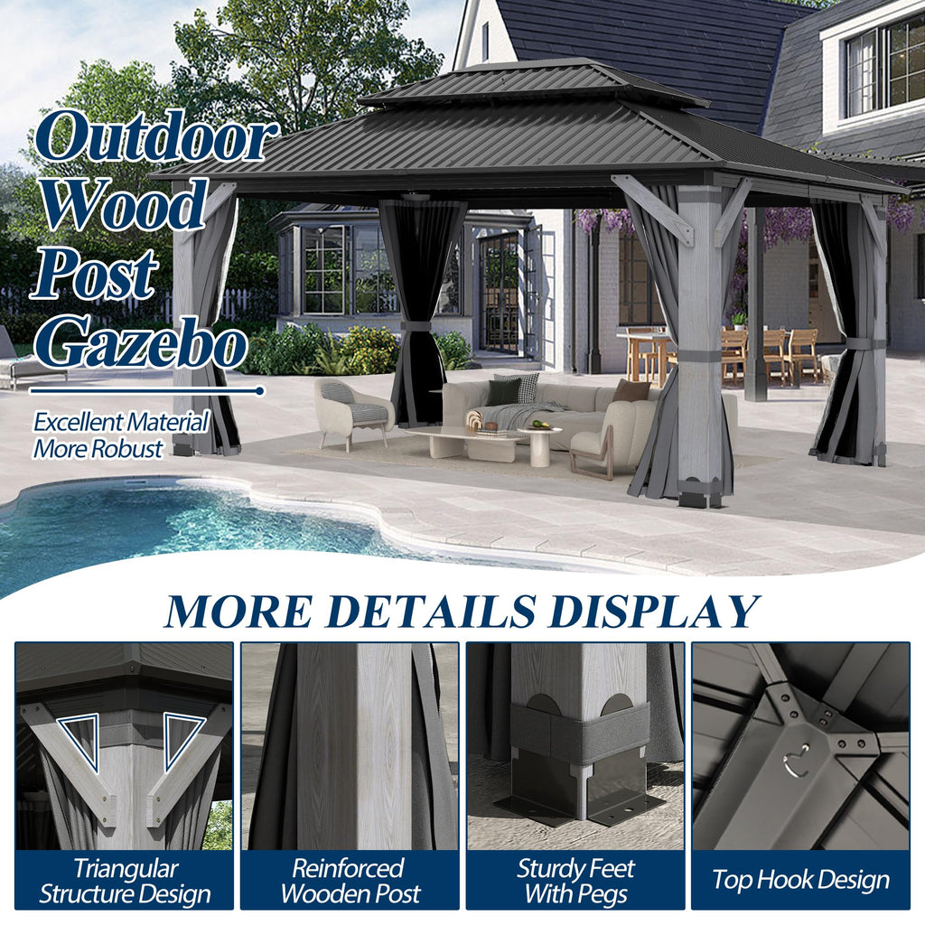 12×16 ft Wood Hardtop Gazebo