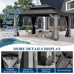 COVERONICS 12FT x 16FT Outdoor Hardtop Gazebo - Patio Cedar Wood Post Gazebo with Galvanized Steel Hardtop, Heavy-Duty Double Roof Pavilion with Netting & Curtains for Garden, Poolside, Deck, Backyard
