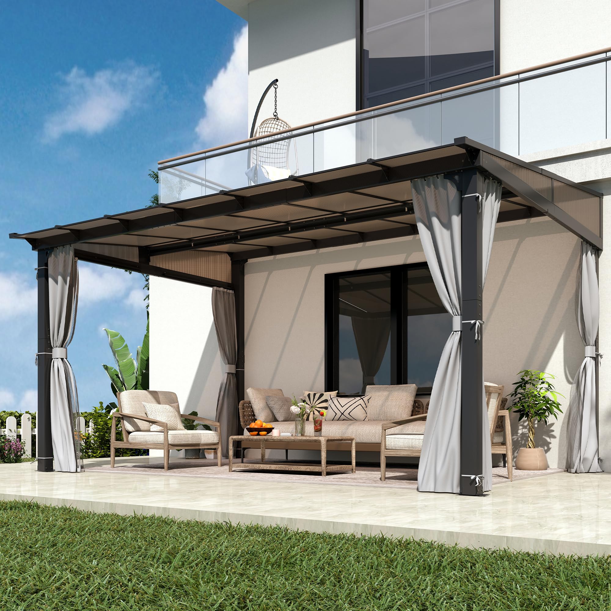 10×13 ft Wall-Mounted Polycarbonate Lean-to Gazebo with Sloped Hardtop, Aluminum Frame, Netting & Curtains