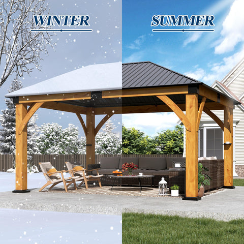 COVERONICS 13FT x 15FT Outdoor Spruce Wooden Gazebo - Patio Wood Frame Gazebo with Galvanized Steel Hardtop, Heavy-Duty Hardtop Gazebos for Garden, Poolside, Deck, Backyard