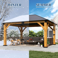 COVERONICS 13FT x 15FT Outdoor Spruce Wooden Gazebo - Patio Wood Frame Gazebo with Galvanized Steel Hardtop, Heavy-Duty Hardtop Gazebos for Garden, Poolside, Deck, Backyard