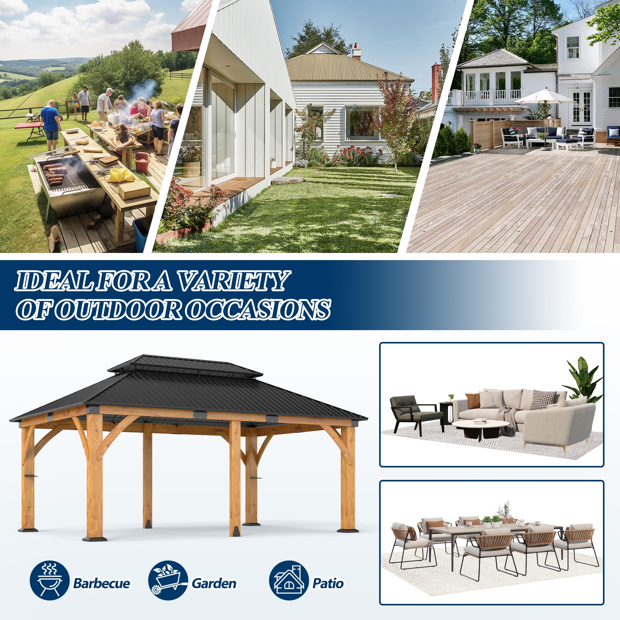 12×20 ft Spruce Wood Double Roof Hardtop Gazebo with Galvanized Steel Roof for Backyard